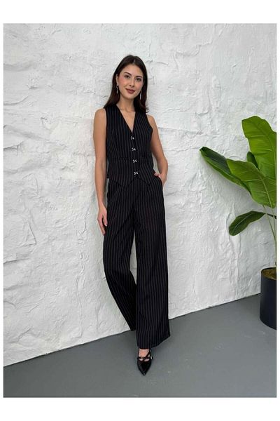 HARMONY GLOBAL Women Bowknot Vest High Waist Palazzo Pants Black Striped Suit 60465
