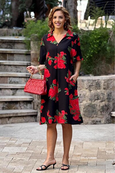 Nevin Kaya Moda Siyah Gül Desen Gömlek Yaka %100 Pamuk Viskon Elbise