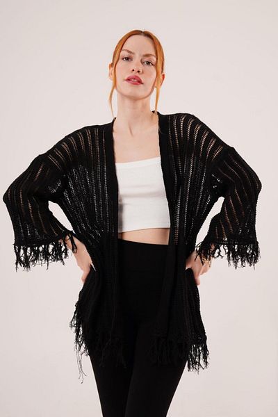 modaserdem Tassel Detailed Perforated Model Black Cardigan