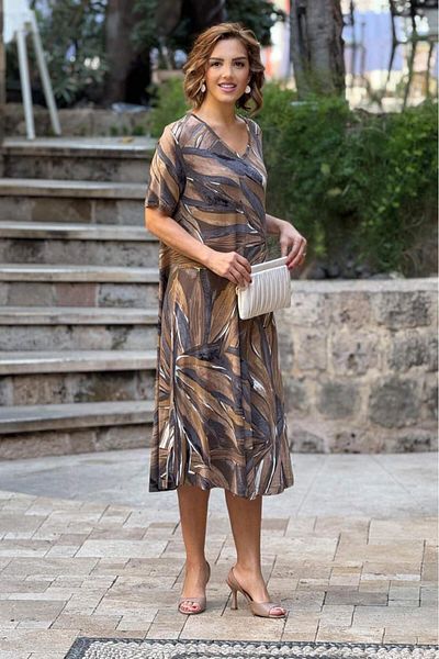 Nevin Kaya Moda Καφέ βαμβακερό φόρεμα με λαιμόκοψη σε σχήμα V