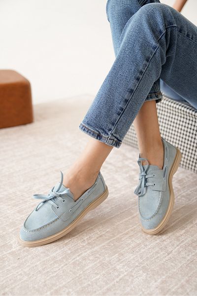 Moda Değirmeni Pantofi de damă din piele intoarsa albastra cu siret MD1065-113-0001