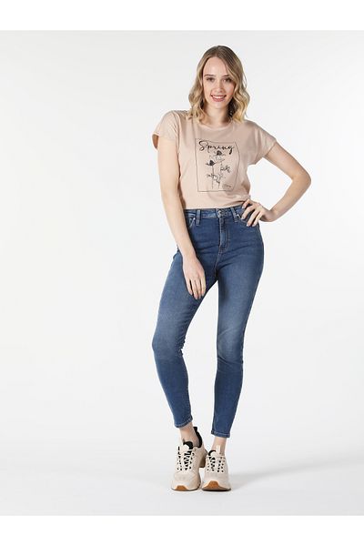 Colin's Tricou cu mânecă scurtă, bej, cu decolteu rotund, cu imprimeu