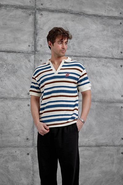 NOMARC Μπλουζάκι Oversize με πλεκτό υφασμάτινο γιακά με μπλε ρίγες
