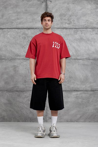 NOMARC Κόκκινο 1111 Γραμμένο Πλυμένο Oversize T-Shirt