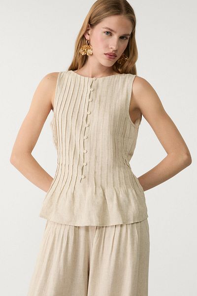 Stradivarius Pleated Linen Blend Top Limited Edition