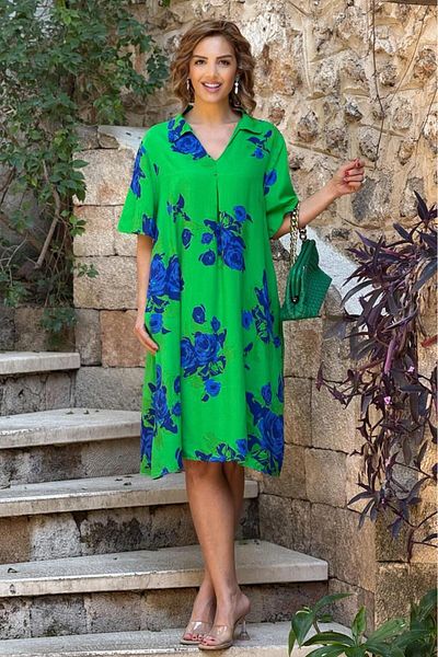 Nevin Kaya Moda Πουκάμισο με μοτίβο πράσινο τριαντάφυλλο Φόρεμα 100% βαμβακερή βισκόζη