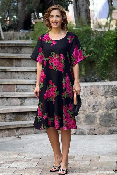 Nevin Kaya Moda Rochie din viscoză 100% bumbac cu model trandafir roz negru