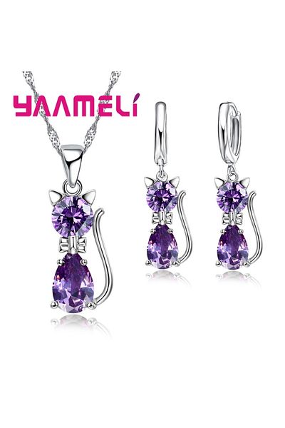 Choice Purple Real 925 Sterling Silver Color Jewelry Sets for Woman Girls Shining Austrian Crystal Cute Cat