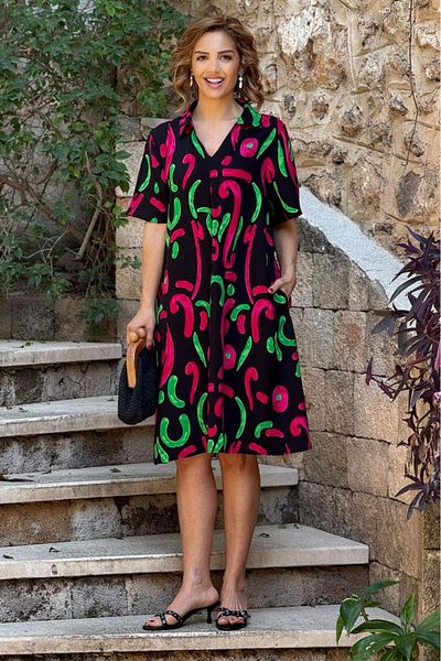 Nevin Kaya Moda Φούξια Μαύρο Πουκάμισο με Σχέδιο Πουκάμισο 100% Βαμβακερό Φόρεμα Βισκόζης
