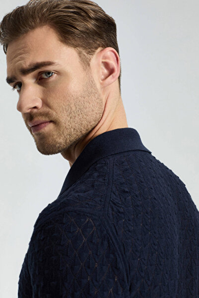 Hemington Ajur Örgü Detaylı Saf Pamuk Lacivert Triko Polo