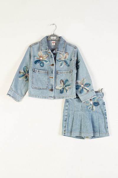 DMB BOYS & GIRLS Floral Detailed Denim Jacket and Denim Shorts Skirt Eid, Casual Girl's Set