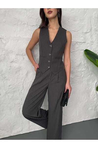 HARMONY GLOBAL Women's Bowknot Vest High Waist Palazzo Pants Anthracite Striped Suit 60465