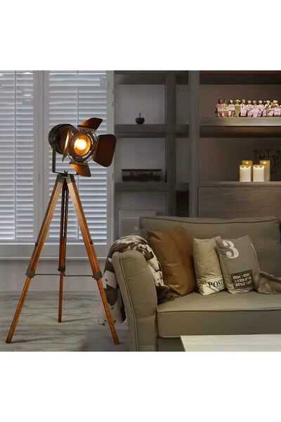 Genel Markalar Retro Siyah Başlıklı Tripot Ayaklı Lambader
