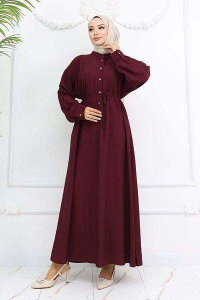 benguen Front Buttoned Tie Dress Claret Red 2242