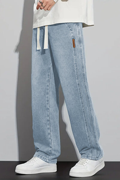 THE RULE Ledově modrá Stretch Jean Denim – Baggy pas, elastický pas, Lycra, rovné nohavice, volný střih RF0484