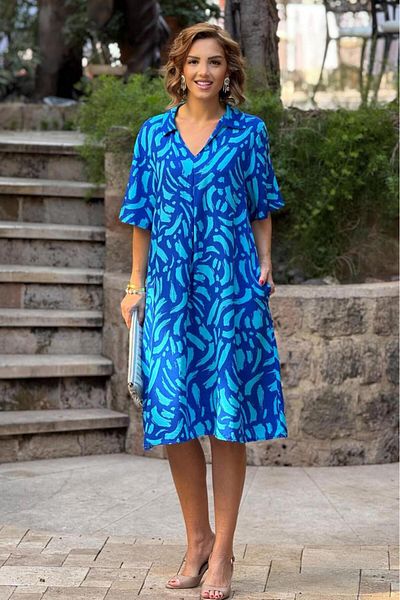 Nevin Kaya Moda Culoare turcoaz, model Lal, guler de cămașă, rochie din viscoză 100% bumbac