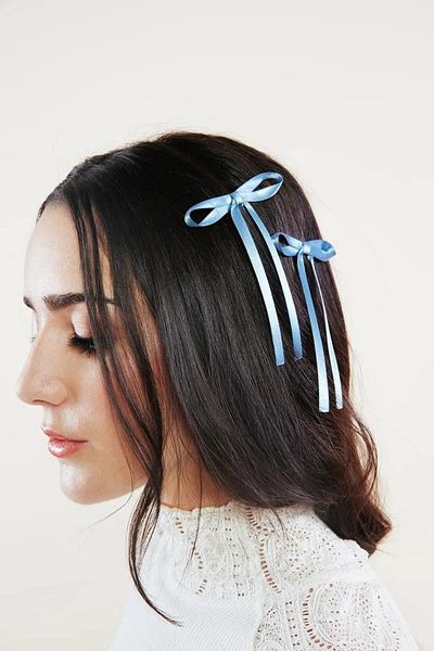 Tasarım Accesoriu pentru păr cu clemă pentru femei, model cu fundă din satin albastru, 2 piese