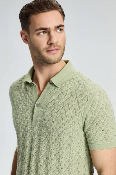 Hemington Pure Cotton Green Knitwear Polo with Openwork Knit Detail