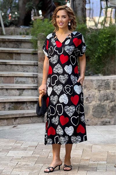 Nevin Kaya Moda Rochie din viscoză 100% bumbac cu detaliu inel inimă neagră