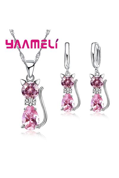 Choice Pink Real 925 Sterling Silver Color Jewelry Sets for Woman Girls Shining Austrian Crystal Cute Cat P