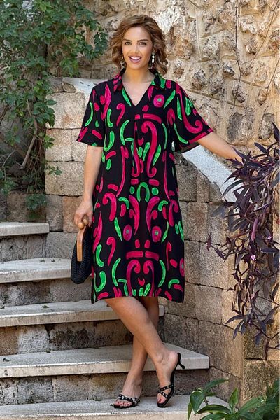Nevin Kaya Moda Φούξια Μαύρο Πουκάμισο με Σχέδιο Πουκάμισο 100% Βαμβακερό Φόρεμα Βισκόζης