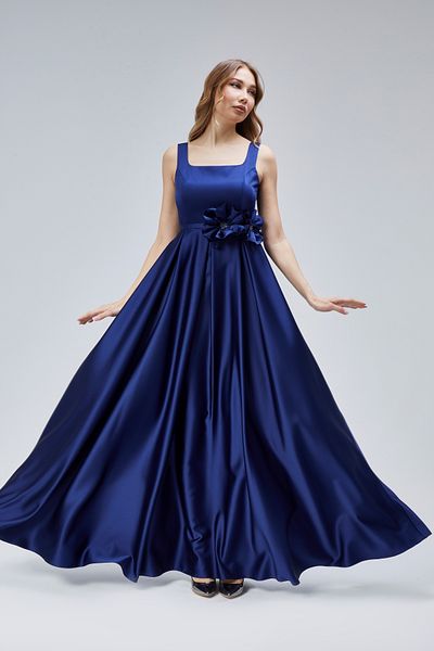 Asees Women's Evening Dresses and Homecoming Dresses Square Neck Pleated Satin Evening Dress with Flower Detail