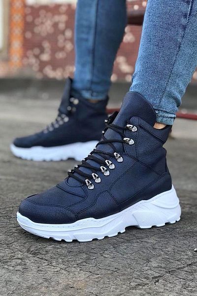 MOONFER Navy Blue Long Lace Up Boots