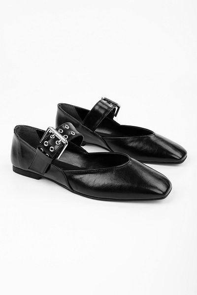 Shoeberry Women's Vell Black Skin Belt Buckle Ballerinas