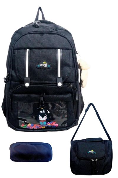 Glanart Geantă pentru școală primară complet căptușită cu 5 ochi + nutriție termos + set de 3 suporturi pentru stilouri negru