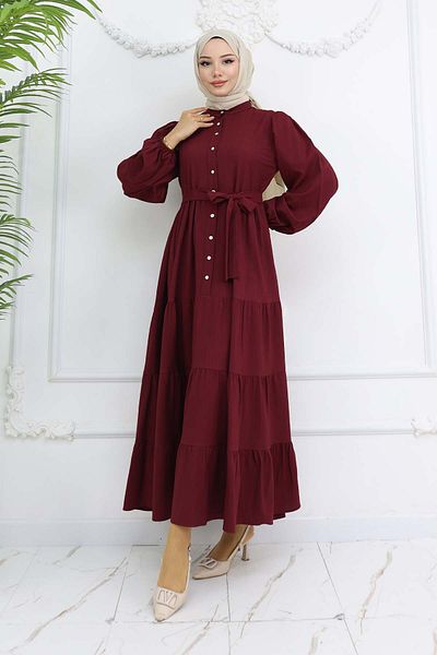 benguen Πέτρινο Κουμπωτό Φόρεμα Hijab με γιακά μπορντό 2268