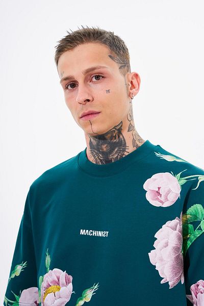Machinist Petrol Green Oversize Men's T-Shirt - Rose Flower Printed