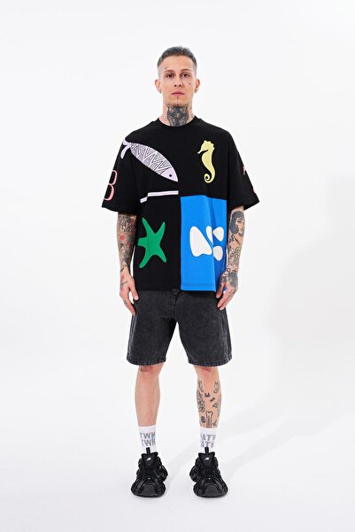 Machinist Ανδρικό μπλουζάκι 87 Sea Shells με στάμπα μεγάλου μεγέθους μαύρο απαλό μπλε