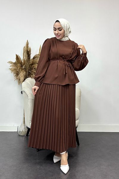 Tesettür Diyarı Crepe Fabric Waisted Lacing Detailed Pleated Skirt Suit-Brown