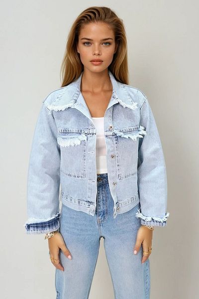 VAGGON Women's Ice Blue Tassel Detailed Crop Denim Jacket Prmx11538