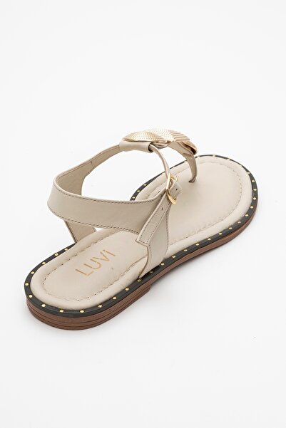 LuviShoes Helen Beige Genuine Leather Flip Flops Gold Buckle Women's Sandals