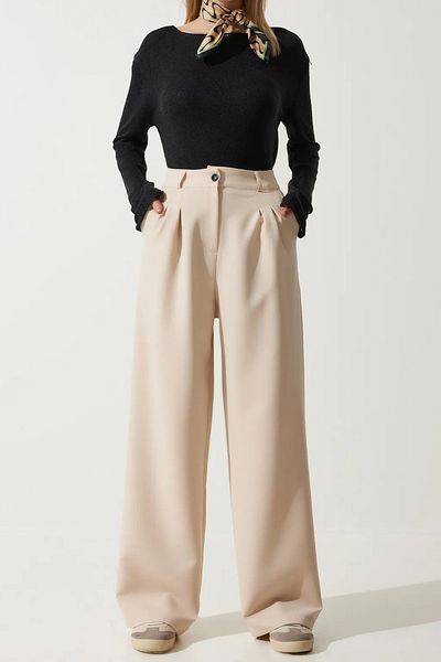 Stil Sepeti Women Beige Double Pleated High Waist Palazzo Pants Tl- 100080074