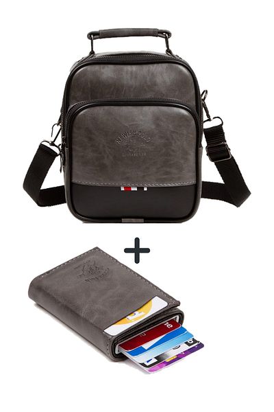 Newish Men's Gray Leather Mechanism Wallet and Casual Shoulder Handbag