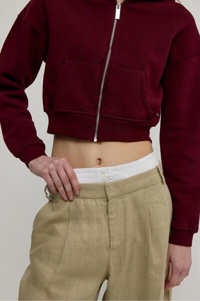 TUBİA Women's Burgundy Color Hooded Crop Sweatshirt Cardigan