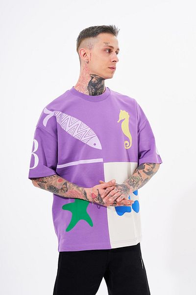 Machinist Tricou 87 Sea Shells imprimat oversize violet gri pentru bărbați