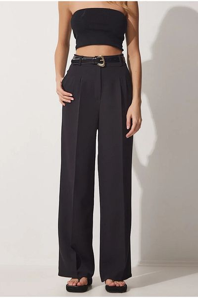 Stil Sepeti Women's Black Double Pleated High Waist Palazzo Pants Tl- 100080074