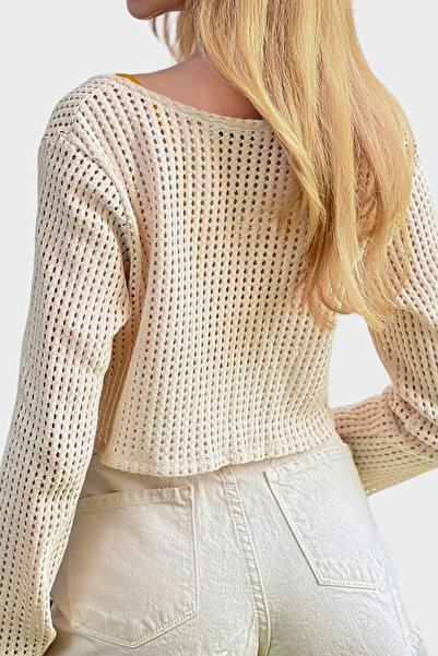 VAGGON Beige Önegi Lace-Up Flower Motif Crochet Cardigan - Prmx8910