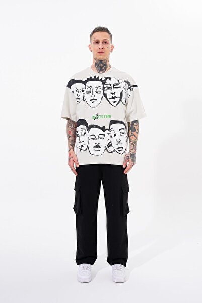 Machinist Macstar Heads Patterned Men's Oversize Gray T-Shirt