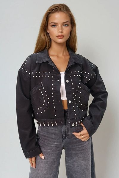 VAGGON Women's Black Troc Studded Crop Jean Jacket Prmx11169