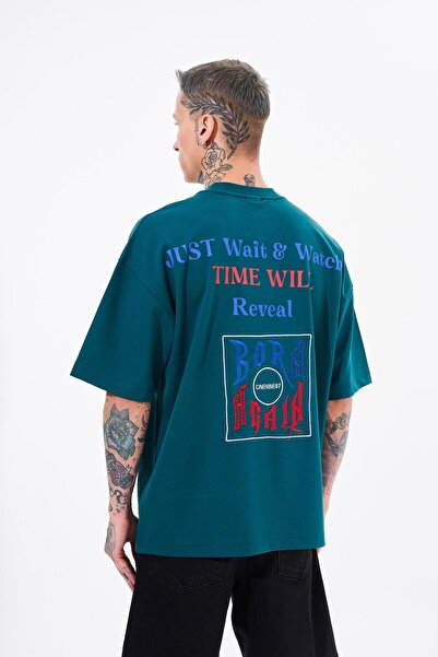 Machinist Men's Just Wait Printed Oversize Petrol Green T-Shirt