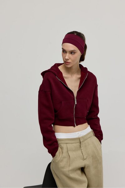 TUBİA Women's Burgundy Color Hooded Crop Sweatshirt Cardigan