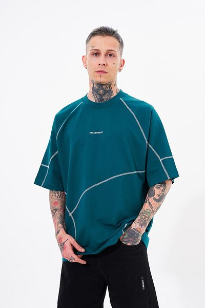 Machinist Men's Stradie Stitching Detail Oversize Petrol Green T-Shirt