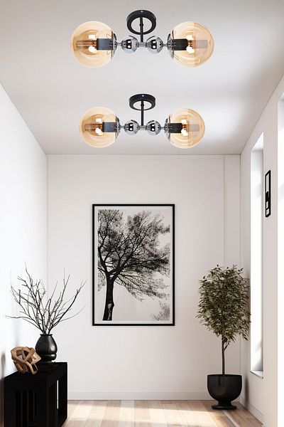 MŞ Aydınlatma Misket Black Chrome 2 Honey Glass Plafonier Chandelier
