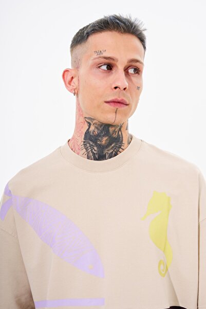 Machinist Ανδρικό μπλουζάκι 87 Sea Shells με στάμπα Oversize ανοιχτό μπεζ καφέ