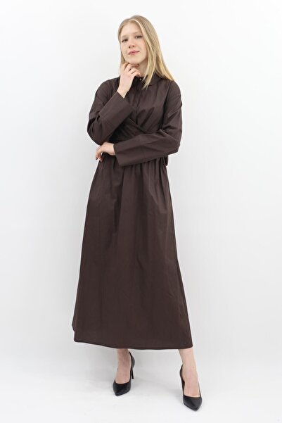 Armine Ön Detaylı Belden Büzgülü Kumaş Elbise - Koyu Mor