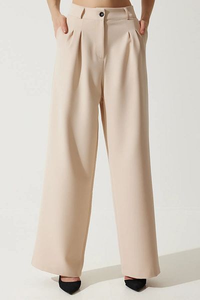 Stil Sepeti Women Beige Double Pleated High Waist Palazzo Pants Tl- 100080074